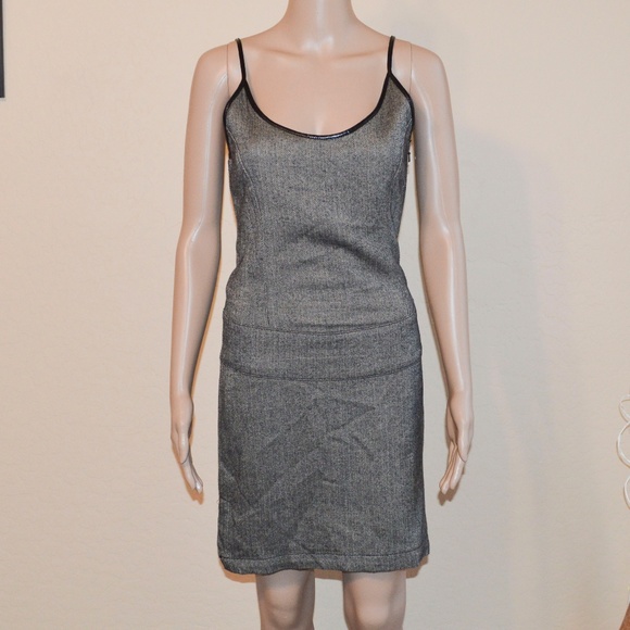TOMMY HILFIGER JEANS Gray Herringbone Wool Blend Faux Leather Trim Sheath Dress - Picture 1 of 8